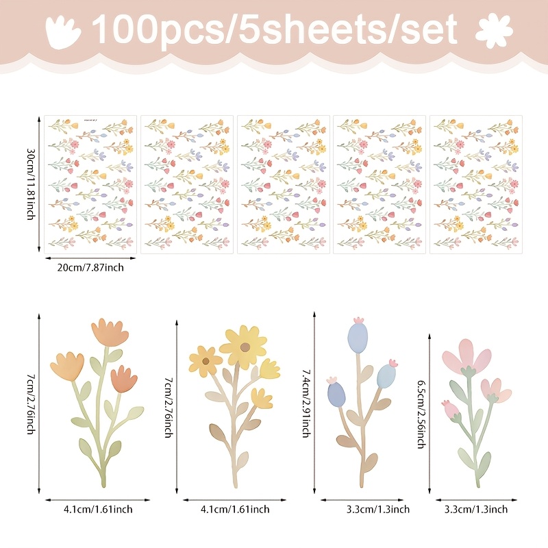 Image of 5sheets, 100pcs, Floral Wall Stickers, Bohemian Style Colorful Floral Stickers, Self-adhesive And Removable, Suitable For Decorating Bedroom, Living Room, Kitchen, Bathroom, Kitchen And