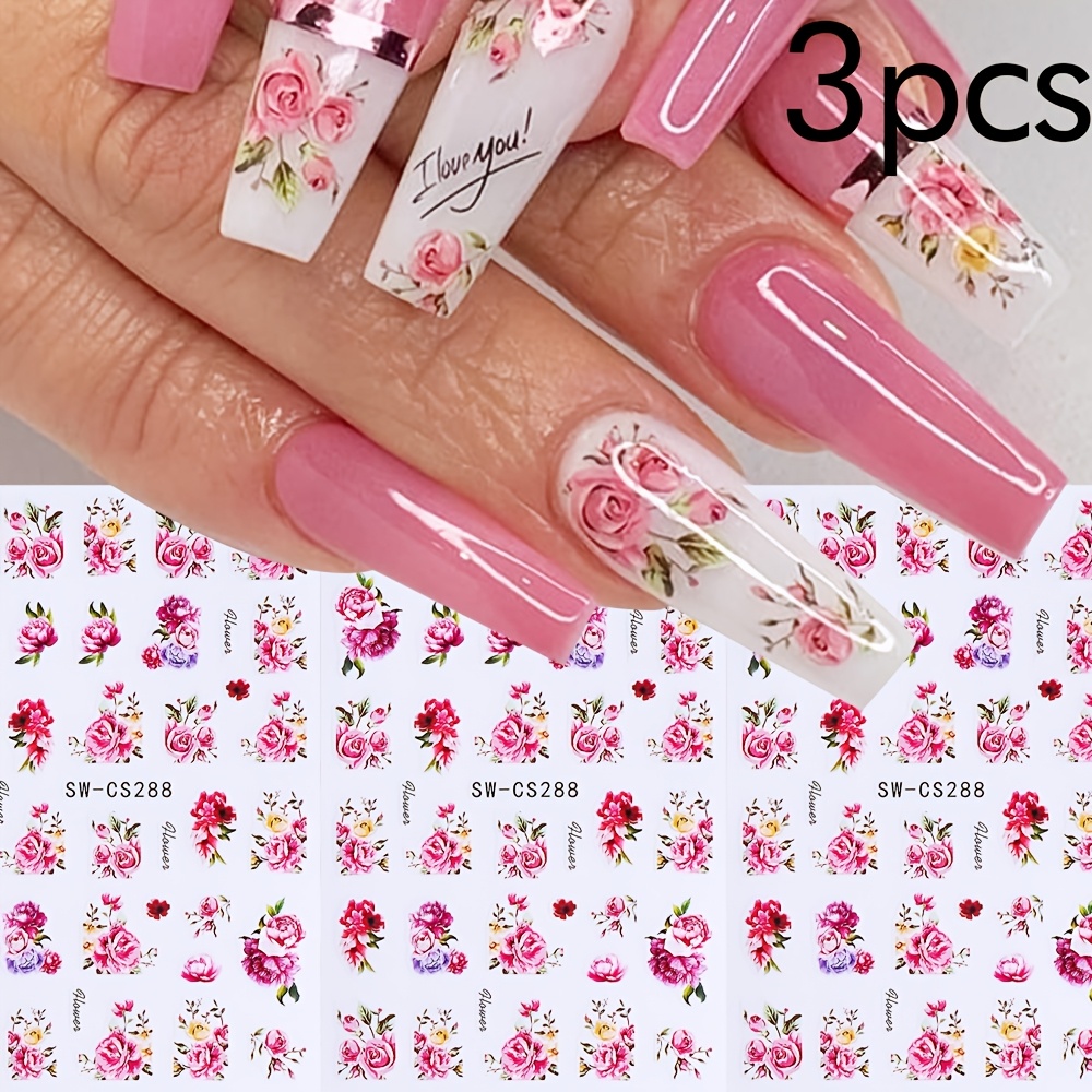 TEMU 3pcs Adesivi per Unghie Eleganti con , Decalcomanie Autoadesive per Unghie Estate, Foglie , Decorazioni per Matrimonio San Valentino, Design