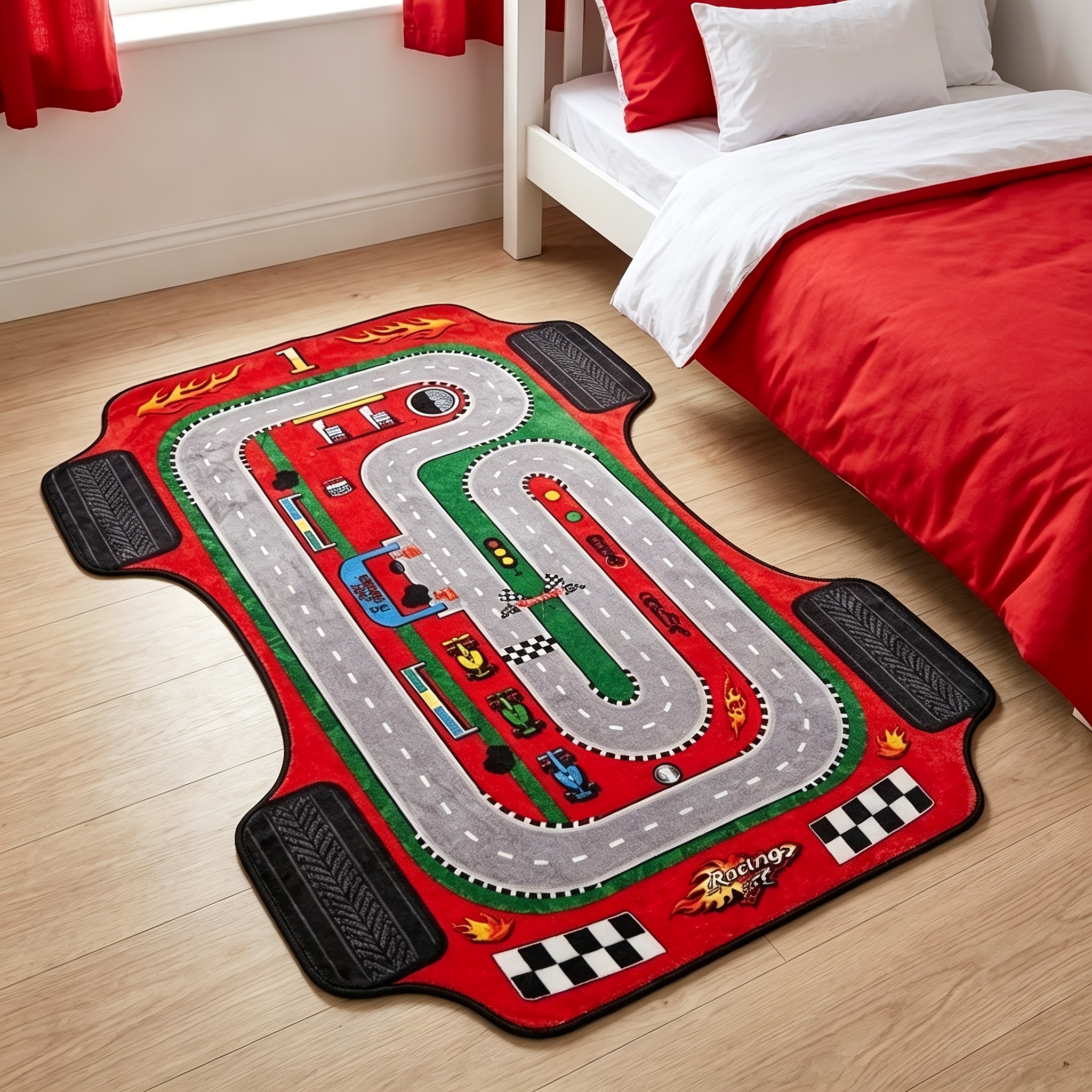 TEMU Tapis de jeu de circuit de course de dessin , tapis de chevet pour chambre sur le thème des voitures, tapis de salon créatif de style Instagram,