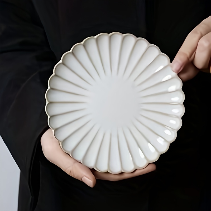 Image of Vintage White Chrysanthemum Embossed Ceramic Plate, Nordic Style Dessert Plate, Afternoon Tea Tableware, Minimalist Cake And Pastry Plate