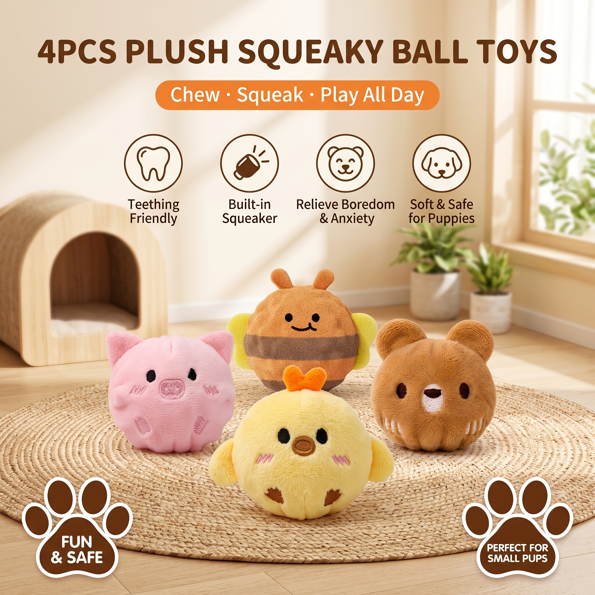Image of 4-pack Interactive Bouncing Squeaky Toy Balls For Pets, Play And Companionship Toys For Dogs And Cats, Makes Sounds To Dogs And Cats, Chew-resistant Material, Slow-rebound Companion Toys