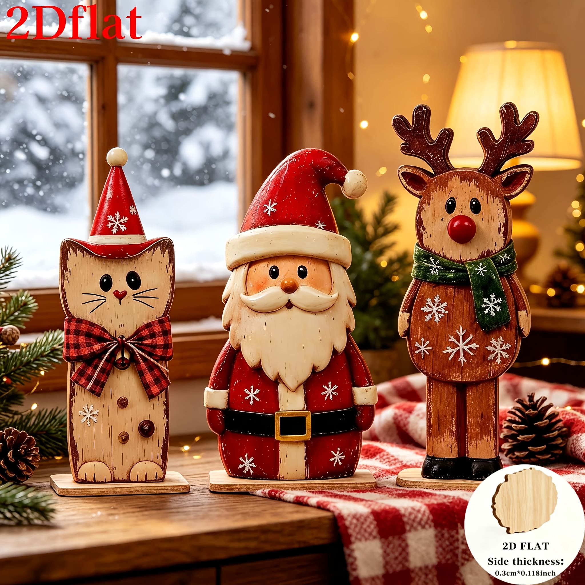 TEMU 2d Flat, Retro Wooden Christmas 3pcs Set Ornaments, Santa Claus, Christmas Cat, Christmas Home Decor, Winter Atmosphere, Christmas Themed Scene,
