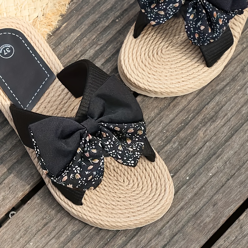 breathable linen slides open toe lightweight   stylish slip on shoes for indoor outdoor relaxation vintage round toe flat sandals with decorative bow indoor outdoor shoes vintage style sandals eva sole sandals details 20