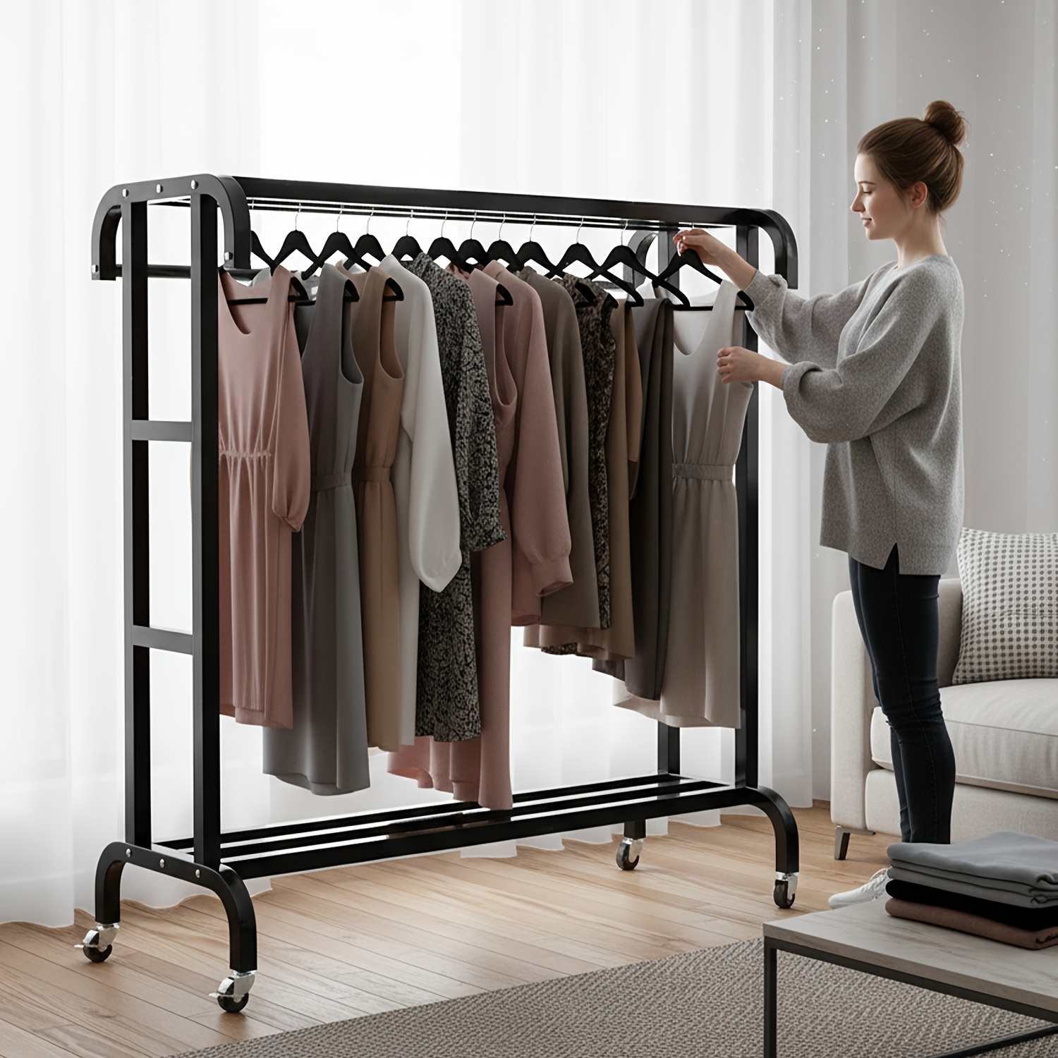 TEMU A Metal Double-layer Clothes Rack With A Shoe Shelf, Black , Suitable For Wardrobes, Featuring Heavy-duty Wheels, Designed For Bedroom Use