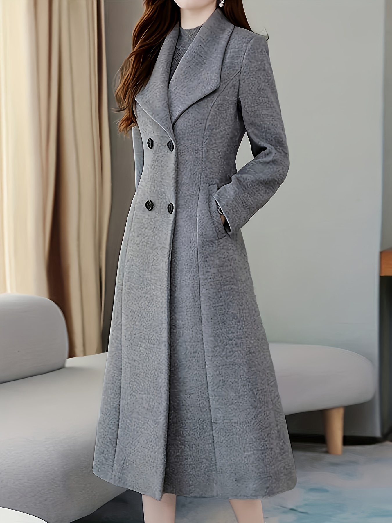 Elegante Chamarra de Mujer, Chamarra de Doble Botonadura con Solapa, Elegante y Simple, Ajustada con Mangas Largas y Bolsillos para Otoño e Invierno, Ropa de Mujer