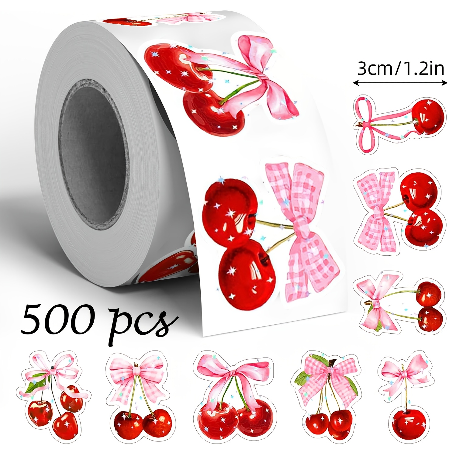 TEMU 500pcs Bow Cherry Graffiti Roll Stickers Large 1.2 Inch Irregular 8 Pattern Fruit Sealing Label Stickers Office Stationery Sealing Stickers