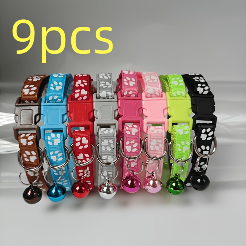 TEMU 9pcs Adjustable Cat & Small Dog Collar - Paw Print Collar Suitable For Pets, Nylon Bell , Random Color Collars For Kittens, Puppies, For Small