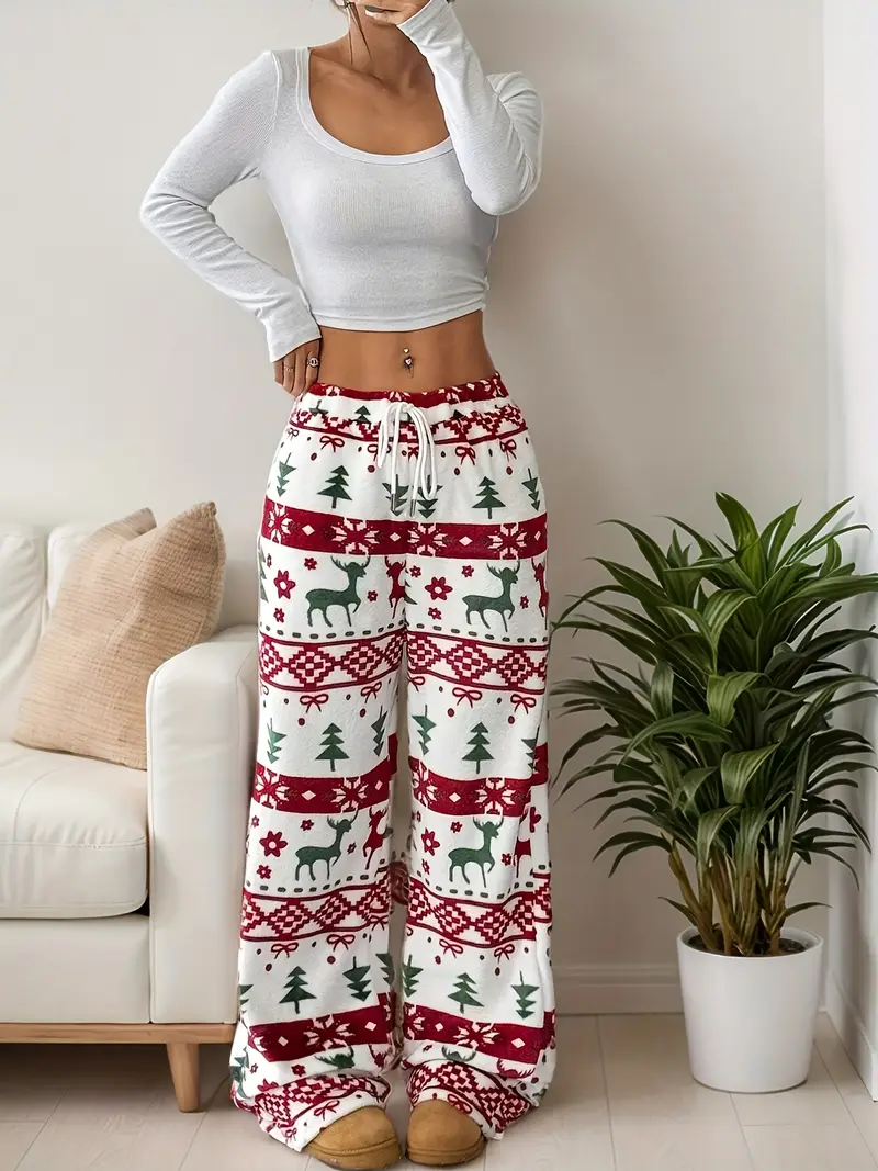 women's christmas pajama pants with elastic waist & drawstring - red/ & snowflake/reindeer prints, thick warm soft fabric, relaxed fit sleepwear for holiday parties, cozy winter lounge pants (machine washable) | Free women's christmas pajama pants with elastic waist & drawstring - red/ & snowflake/reindeer prints, thick warm soft fabric, relaxed fit sleepwear for holiday parties, cozy winter lounge pants (machine washable) | Free