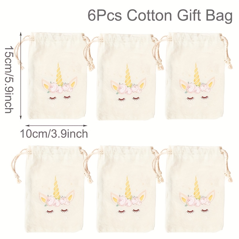 Image of Gift For Her/him 6pcs Cotton Drawstring Gift Bags, Theme Drawstring Bags, Candy Bags, -fit Canvas Party Favor Pouches For Birthdays And Celebrations, Cute Snack And Gift Sacks With Design
