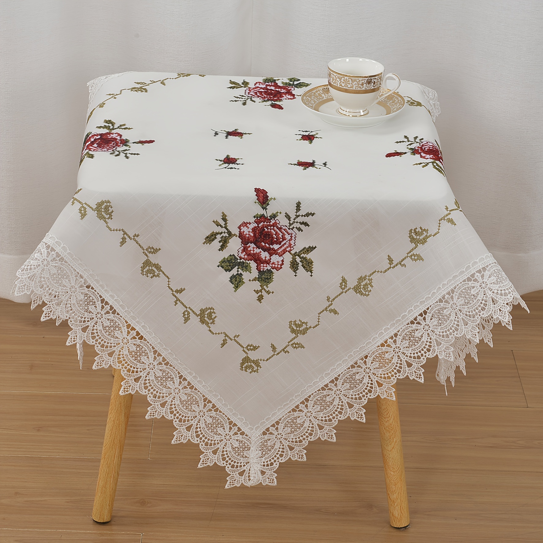 

1pc Table Cloth, Cross Stitched Embroidered Rose With Lace Table Cloth, Modern Style 100%polyester Square Embroidery Lace Table Flag, Suitable For Everyday Seasons Holiday Home