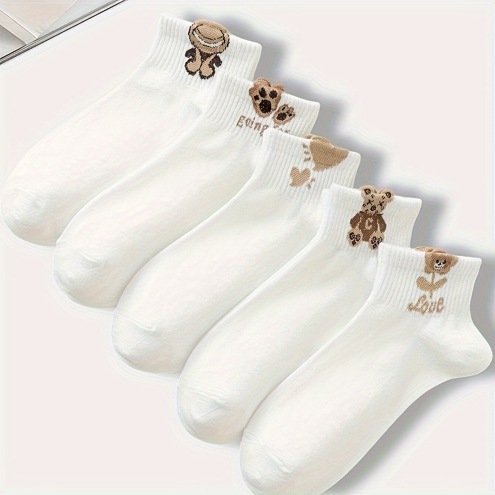 Image of 5 Pairs White Cartoon Print Socks, Cute & Soft Breathable Short Socks, Women's Stockings & Hosiery Cute Summer & Spring Socks
