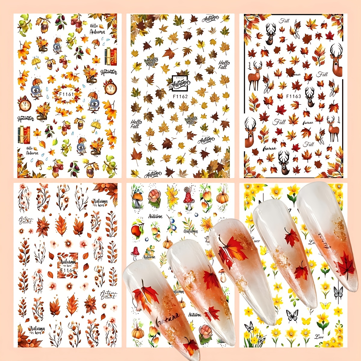 Image of 6 Autumn-themed Nail Stickers Featuring Designs Of , Pumpkins, Butterflies, And Flowers | Disposable Self-adhesive Stickers, Perfect For Nail Art | Easy-to-apply Nail Decorations