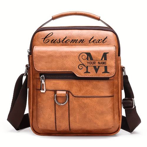 personalized pu mens shoulder bag with custom letter design and back artwork casual business crossbody handbag adjustable strap elegant zipper closure textured surface durable solid for daily and travel ipad pocket