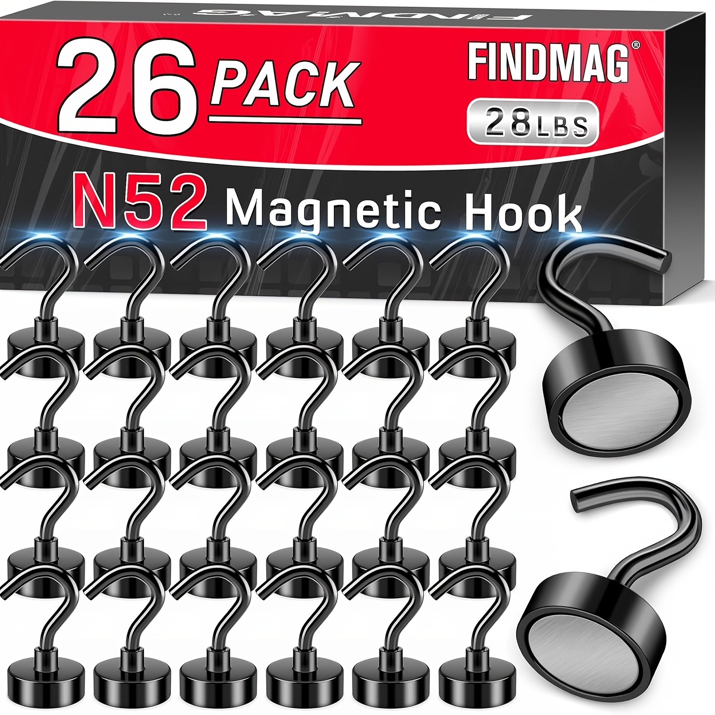 

26 Pack Findmag N52 Neodymium Magnetic Hooks, 28 Lbs Heavy Duty Metal Hangers With Polished , Strong Magnet Hooks For Home, Kitchen, Office Use - Vertical & Horizontal Capacity