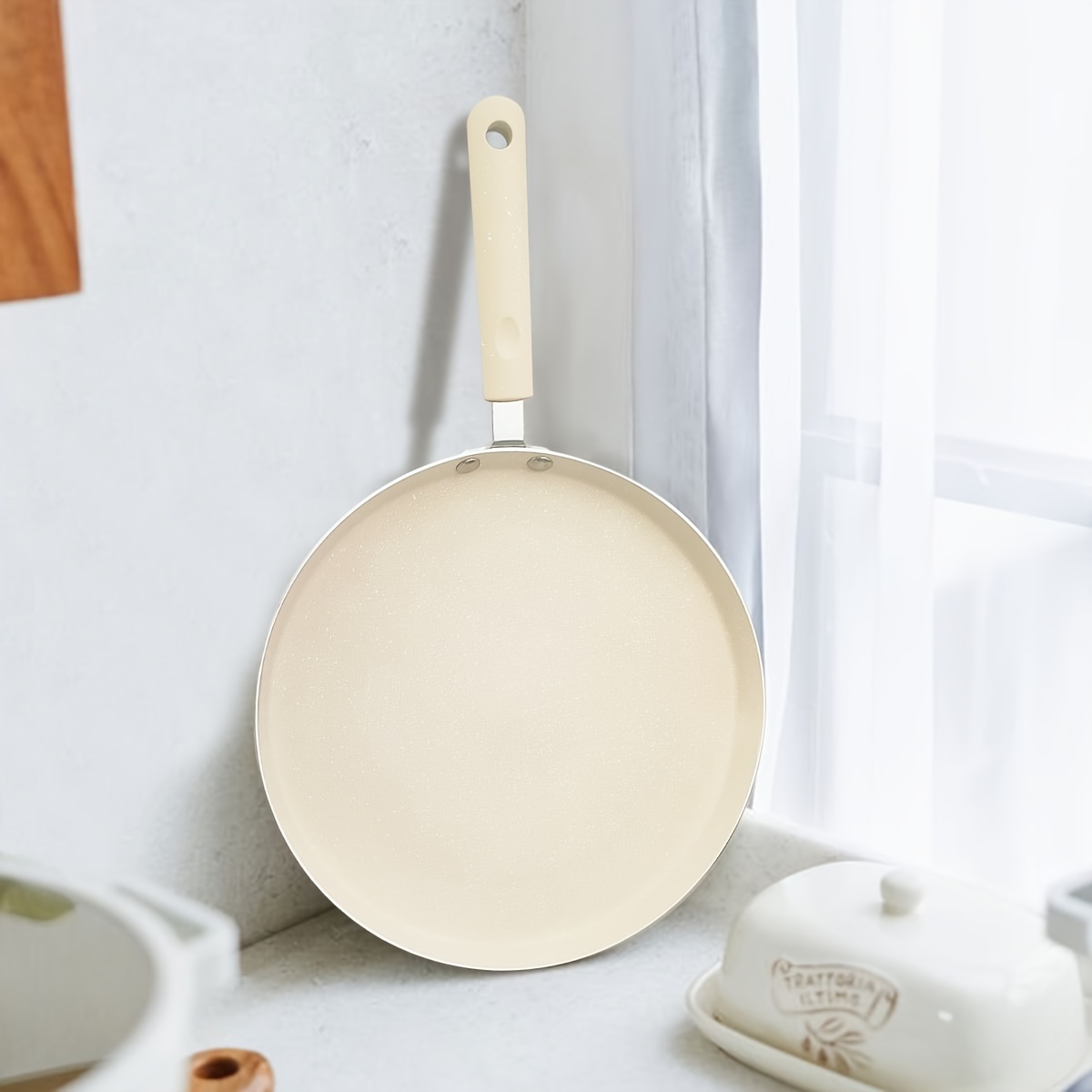 

Beige Maifan Stone Nonstick Crepe Pan Set With Wooden Handle - Dishwasher Safe Aluminum Pancake Skillet For Electric Coil, Gas Stove, And Induction Cooktop Use - No Electricity Required