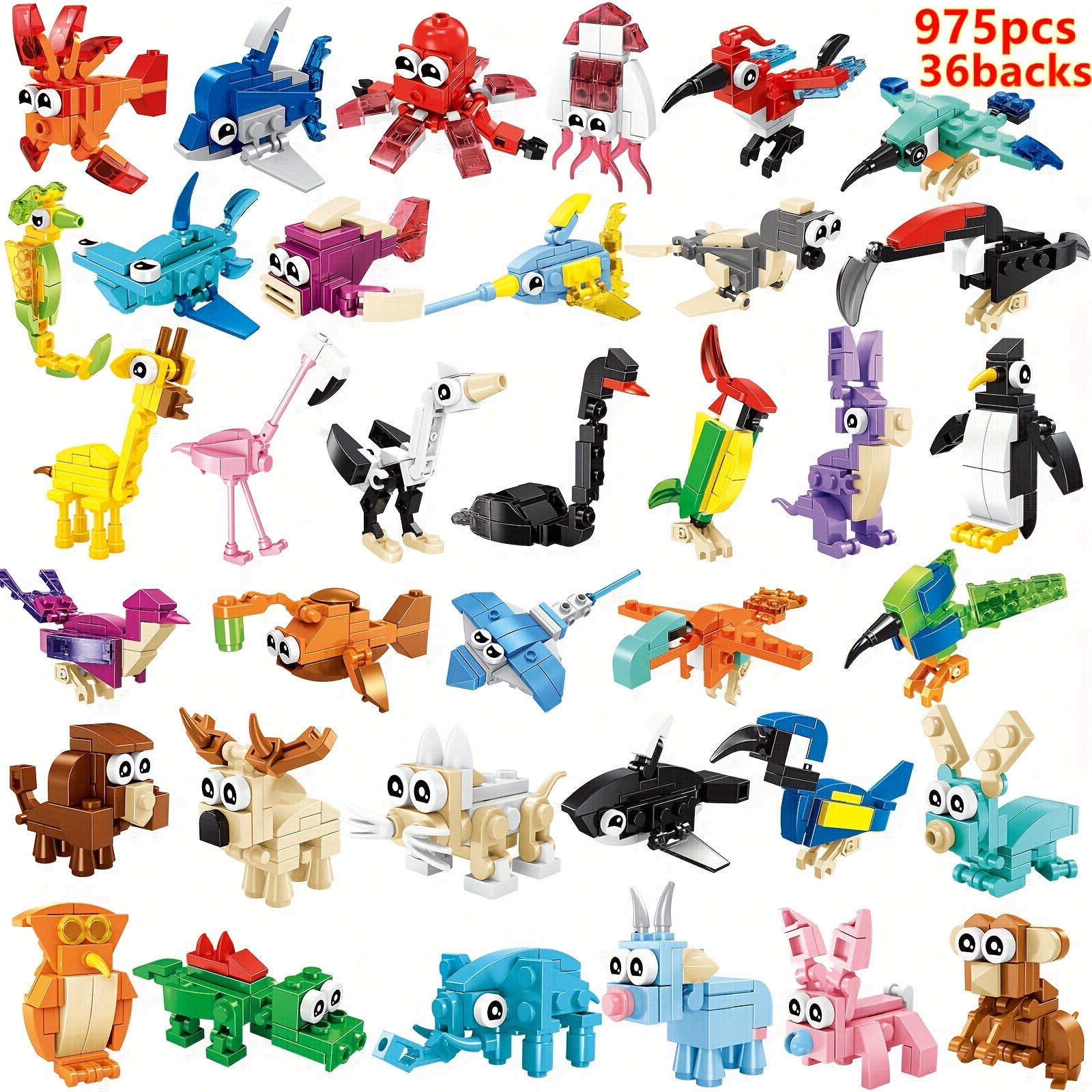 

36 Pieces Building Animals, Building Blocks Set 975pcs, Assembled , Assorted 36 Fish Dinosaurs Insects Diy Model, Intelligent Toys For Birthday Christmas Gifts