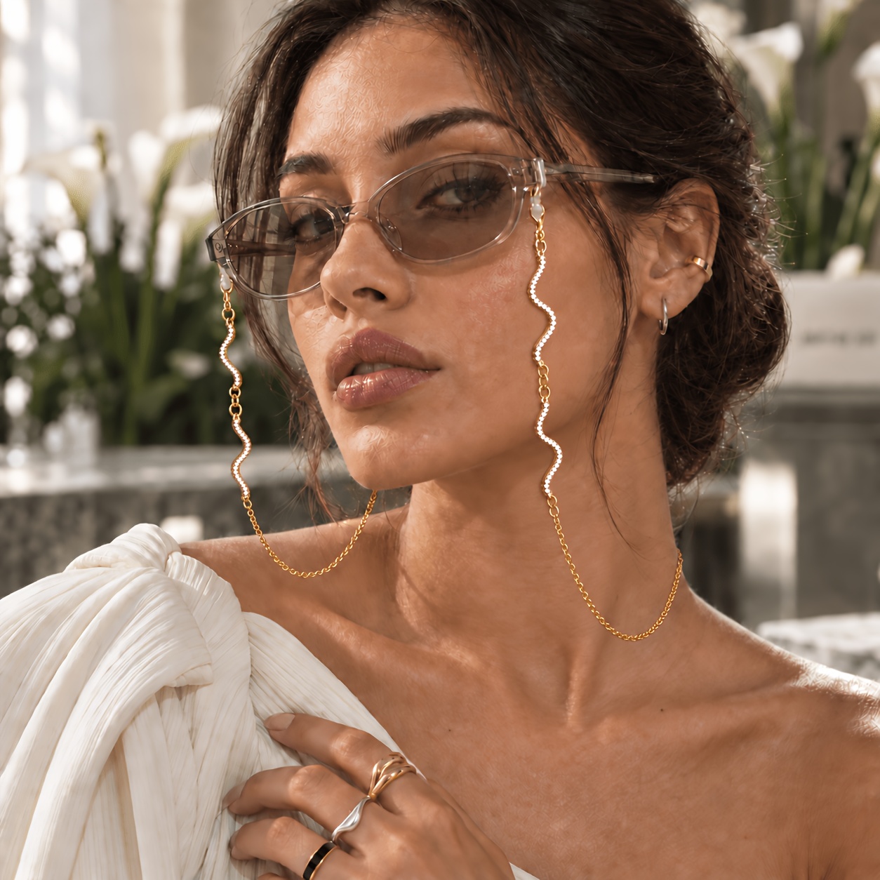 TEMU 1 Snake Wave Rhinestone Eyeglass Chain, Women's Y2k Lanyard, Bling Bling Shiny Curved Thin Anti-loss Eyewear Chain, Light Luxury Street Fashion
