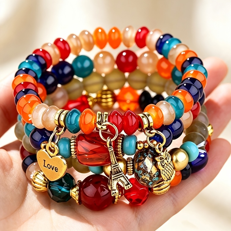 TEMU 4pcs Bracelet Bohème Multi-Couche de Perles, Bracelet de Perles Empilables Coloré avec Pendentif Tour Eiffel, et Cœur, Bijou Cadeau de Mode pour