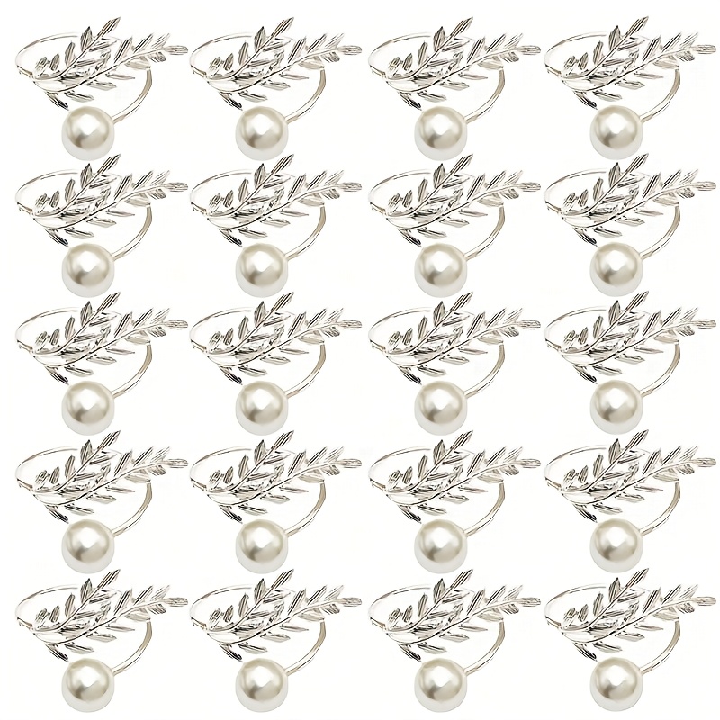 TEMU 20pcs, Elegant Wheat And Pearl Napkin Rings - Golden | Silvery, Polished Metal Napkin Holders, Perfect For Hotel And Party Table Decorations,