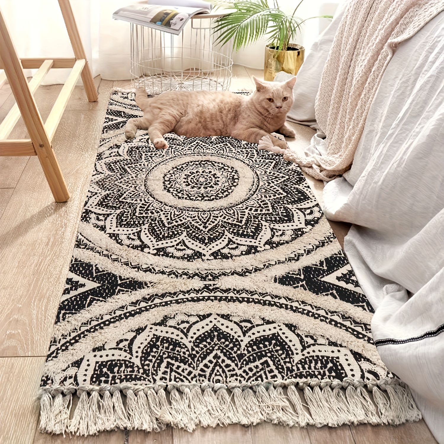 Washable Handmade Black and Cream Bohemian Runner Rug