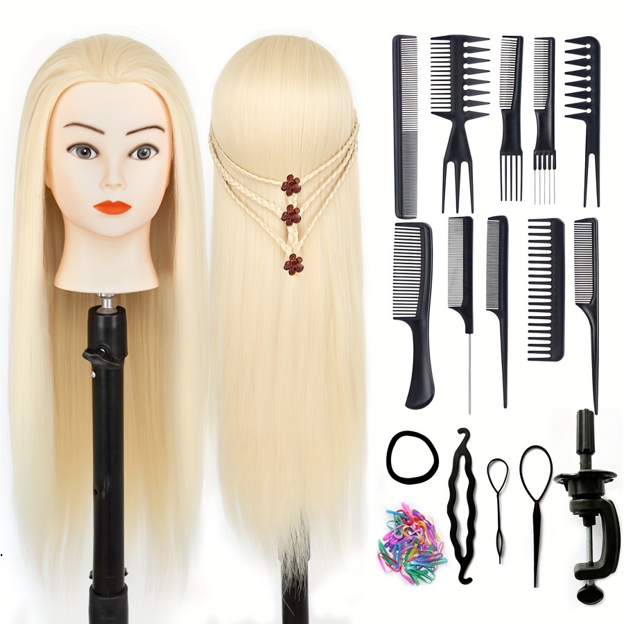 

24-inch Hairdressing Training Head With Synthetic Fiber Hair, Unisex-adult Mannequin For Hairstyling Practice, Includes Stand Clamp & Braiding Tools Set