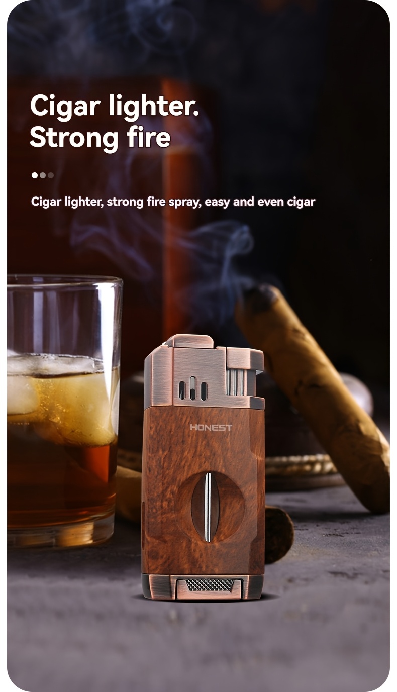 (Fuel Not Included) Cigar Lighter, Torch Lighter With V-shaped Cigar Cutter, Built-in Cigar Clip, Visible Air Window, Cigar Torch Lighter, Cool Lighter Suitable For Candles, Dual Windproof Jet Flame, Integrated Torch Cigar Lighter With Double Flame
