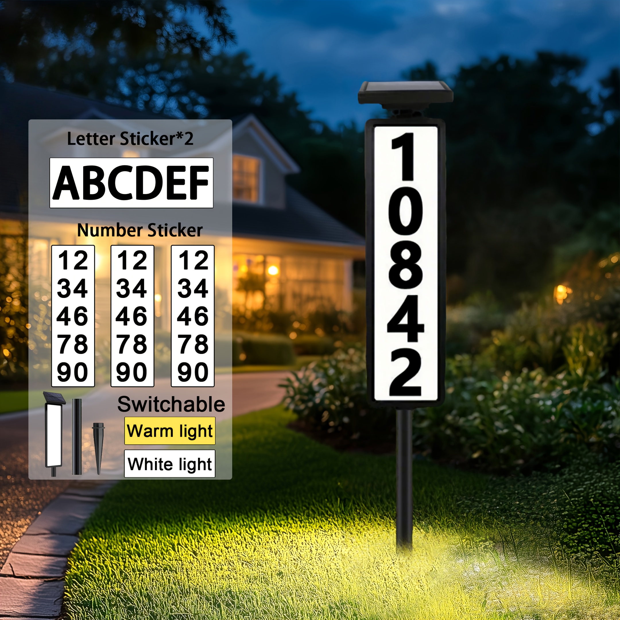 TEMU Solar Address Sign Light - Temperature Number Lighting (3000k/4000k), Pole-mounted Outdoor Address Sign For Home, Street, Mailbox, Garden