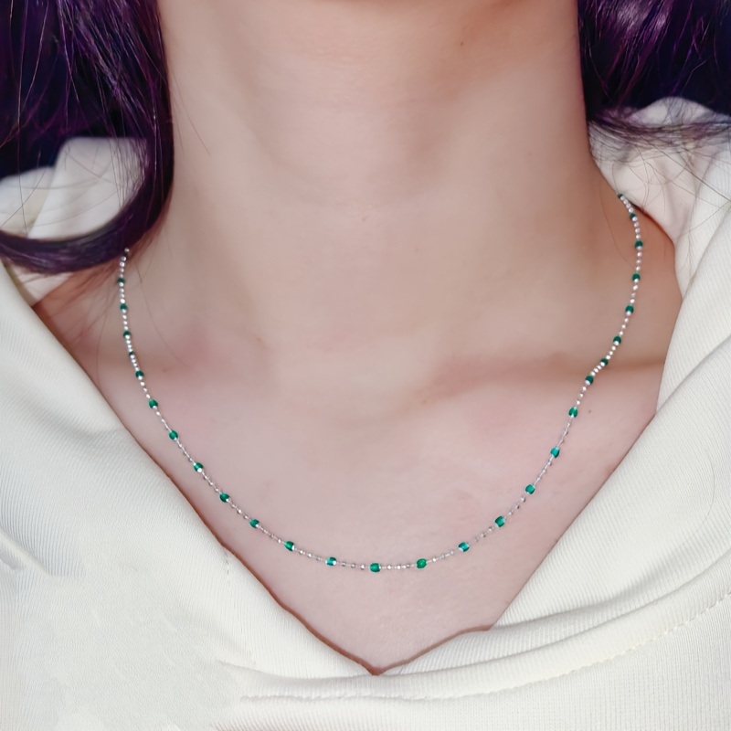 Boho Style 925 Silver Green Bead Necklace for Beach Vacations