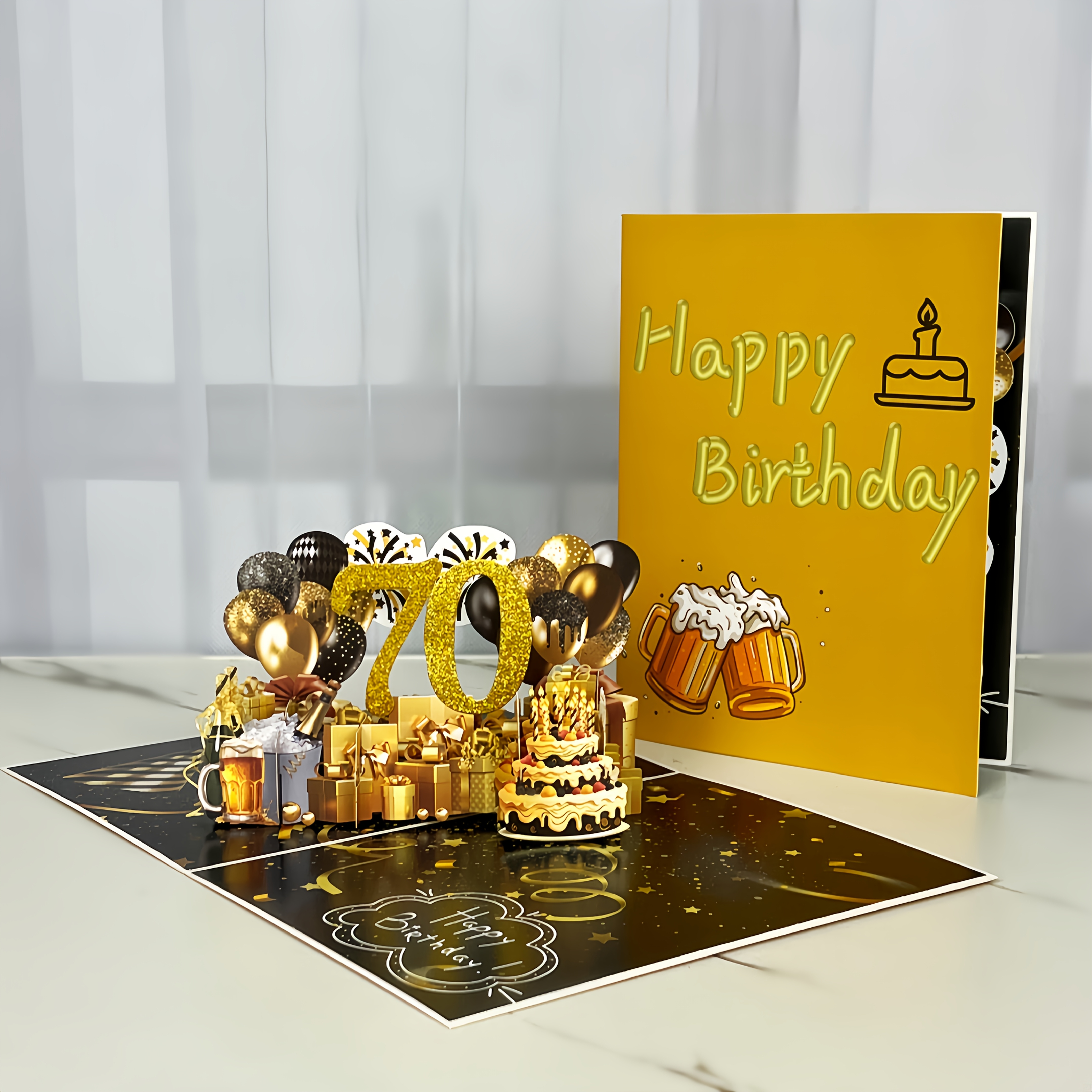 E-shop 70. Geburtstag Karte, Frohes 70. Geburtstag Grußkarte, Pop-Up 3D Stereoskopische Karte, Schwarz-Goldenes Thema, Funkelnd, Geeignet für