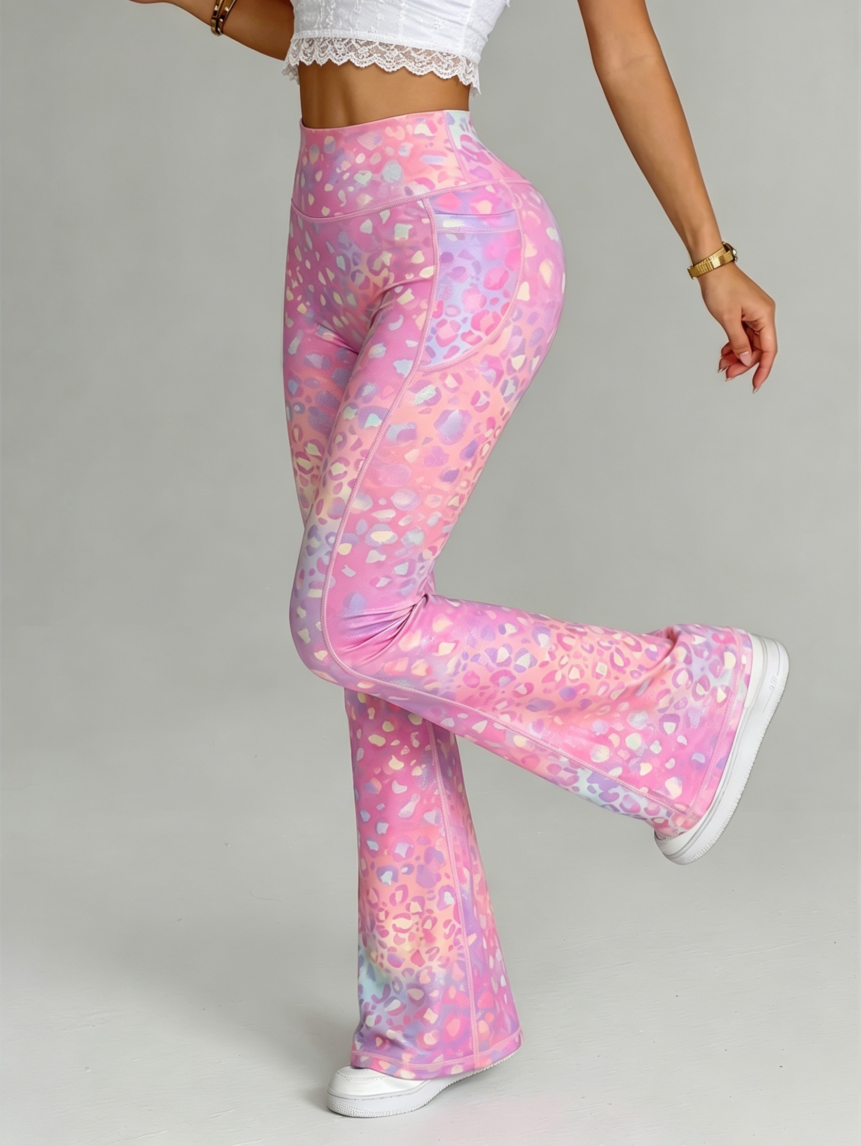 Leggings de yoga de tiro alto para mujer con control de abdomen y efecto levantacola, tipo campana y pierna estrecha - Estampado de leopardo degradado, suaves y elásticos para entrenamiento, adecuados para gimnasio, correr, atuendo casual, pantalones tipo campana no transparentes con bolsillos para
