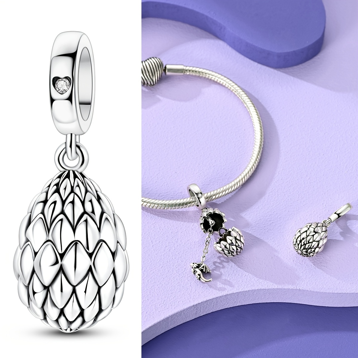 TEMU 1pc Silver Plated Openable Dragon Egg Charm Animal Plant Charms For 3mm Bracelet Necklace Jewelry Making Gift For Fantasy Dragon Fans Teen