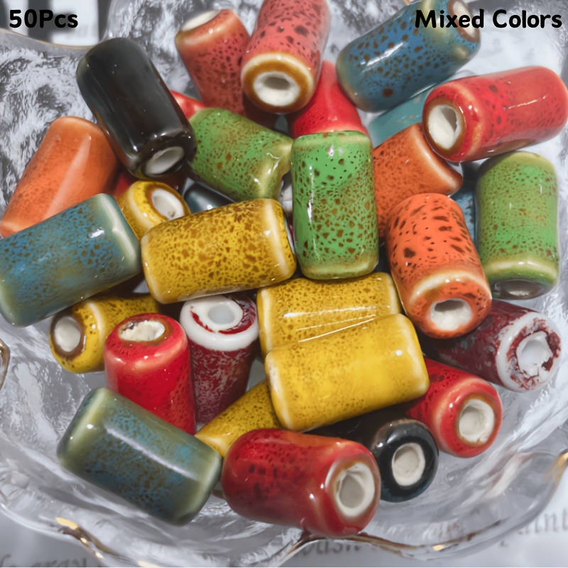 TEMU Diy Ceramic Beads, 50 Long Cylinder Ceramic Beads, Bohemian Style Large Ceramic Beads, Suitable For Handmade Jewelry Crafting, Necklace, Home