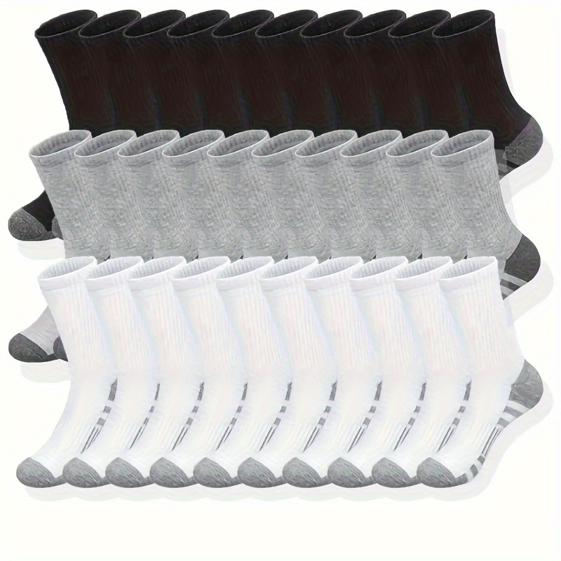 

10/30pcs Chaussettes Longues pour Hommes pour Automne & Hiver - 100% Polyester, Texture Côtelée, Sportives & Décontractées, Couleurs , , Blanc avec Soutien de la Voûte Plantaire