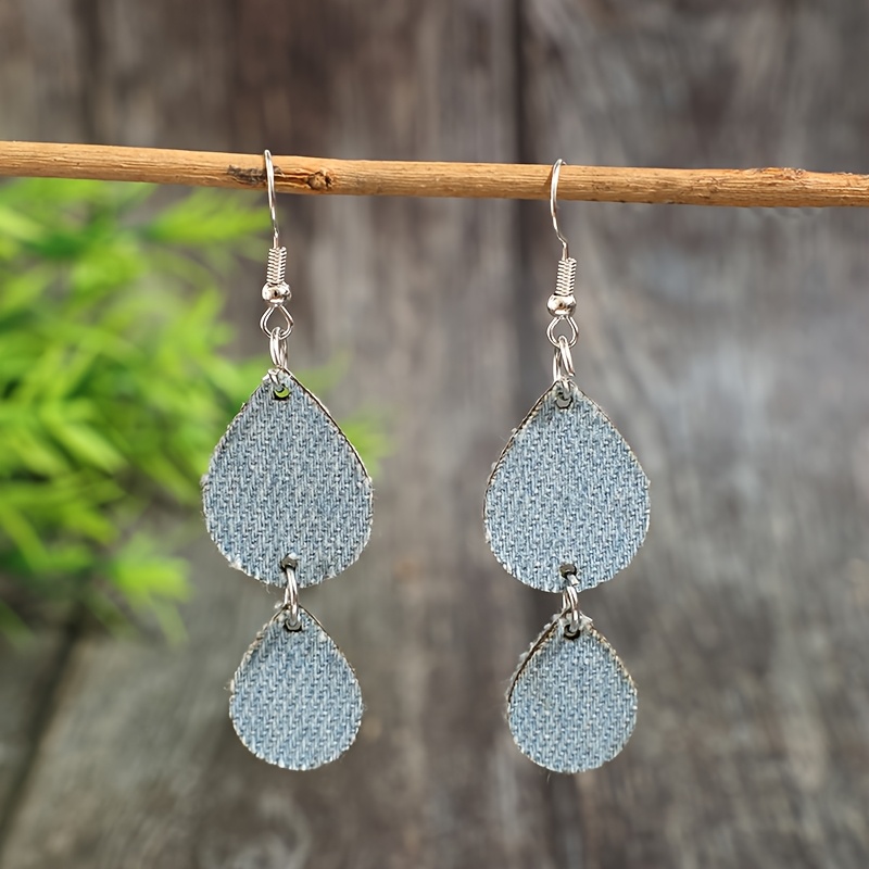 Women's Exotic Double-Layer Denim Teardrop Earrings, Unique Design