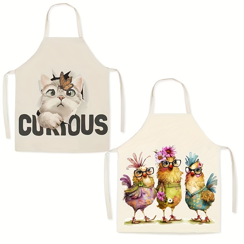 

1pc Linen Apron With Chicken And Cat Patterns, 100% Linen Woven Kitchen Apron For Men And Women