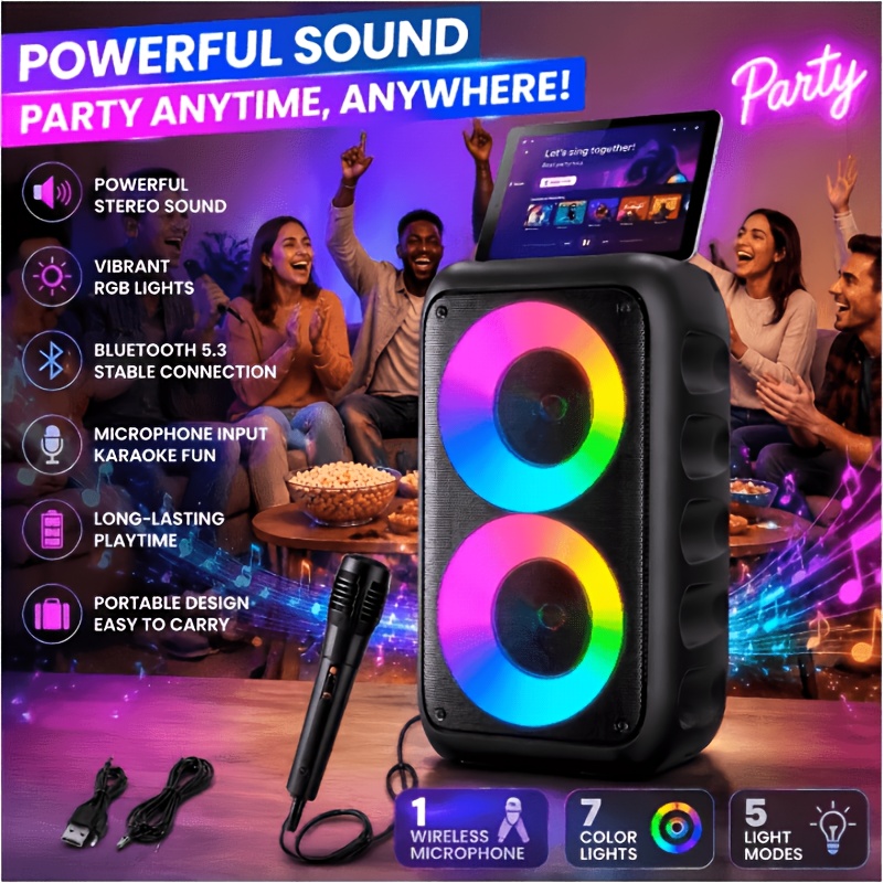 TEMU Subwoofer Speaker With Microphone, Powerful Sound System, Outdoor Wireless Speaker, Party Disco Light, Led Lights, Tws, Tf, Aux, Mic, , Portable