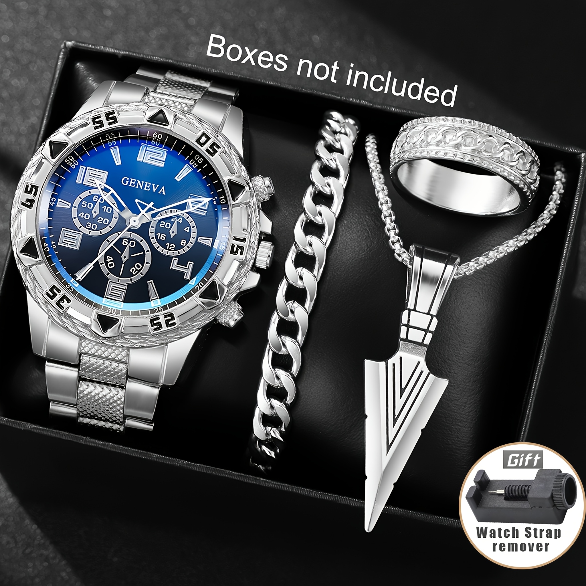 Image of 4pcs Set: Fashionable Business Men's Watch With Large Dial, Alloy Round Case, Time Display, Cuban Link Bracelet, Necklace, Mysterious Ring - A For Anniversary Gifts