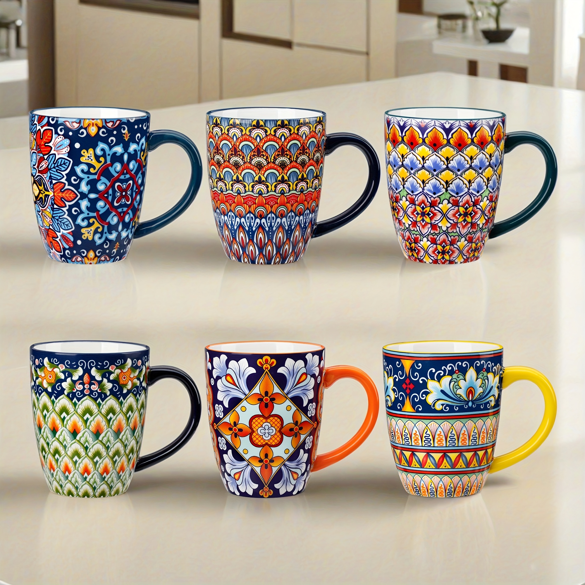 16oz Ceramic Boho Large Mugs Set Of 6 With Handle For Latte, Cappuccino & Hot Chocolate