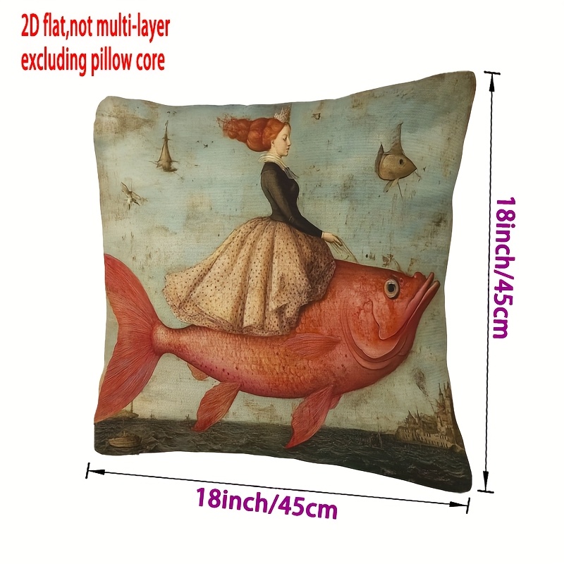 TEMU 1pc 2d Flat Print, Double-sided Pillowcase, "queen Of Fish: A Fantasy Journey", Suitable For Living Room, Bedroom, Sofa, Bed Decoration, Pillow