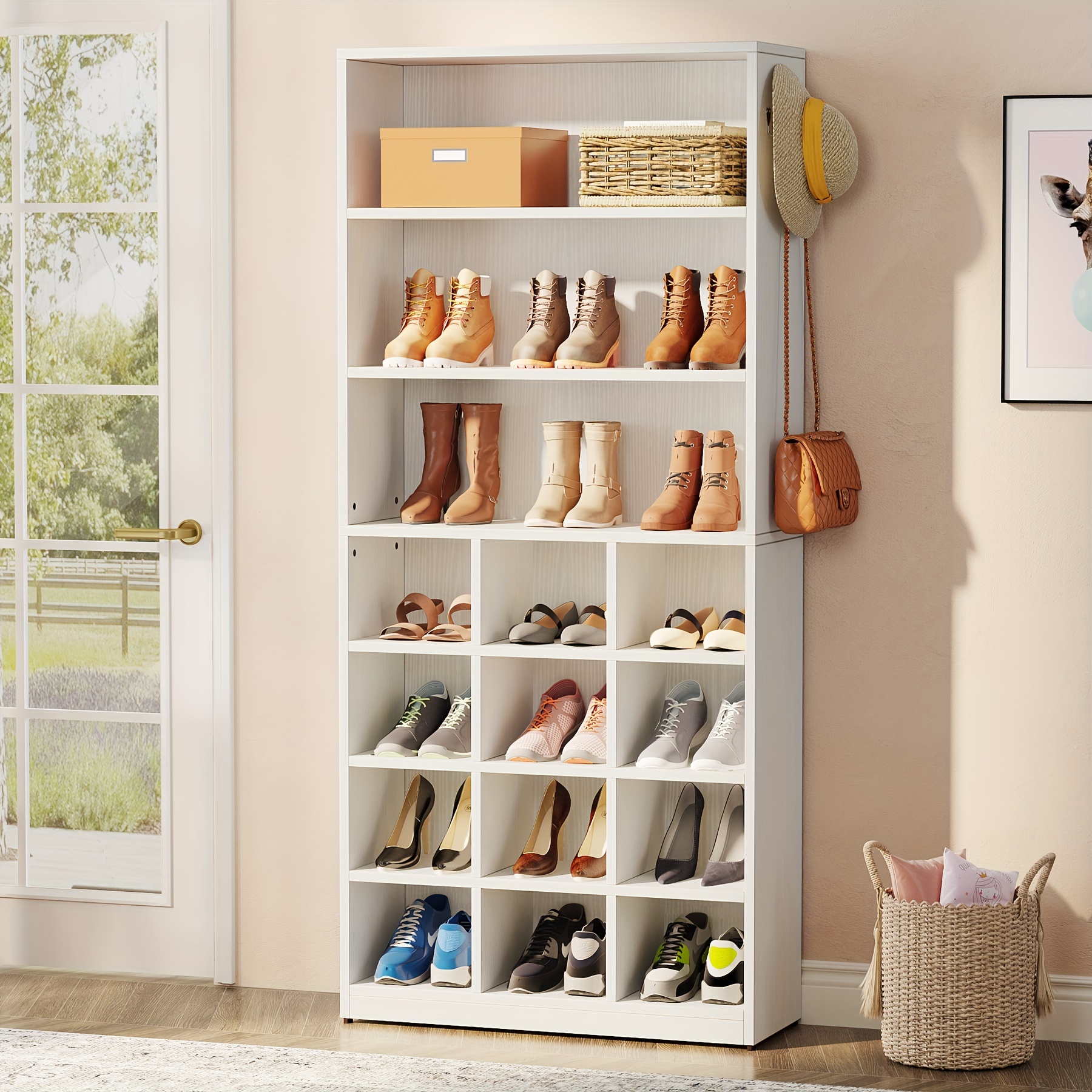 

Little Tree Shoe Cabinet, 24 Pair Freestanding Shoe Rack Storage Organizer With Side Hooks, Modern Shoe Storage Cabinet With Shelves For Hallway Bedroom Closet Entryway