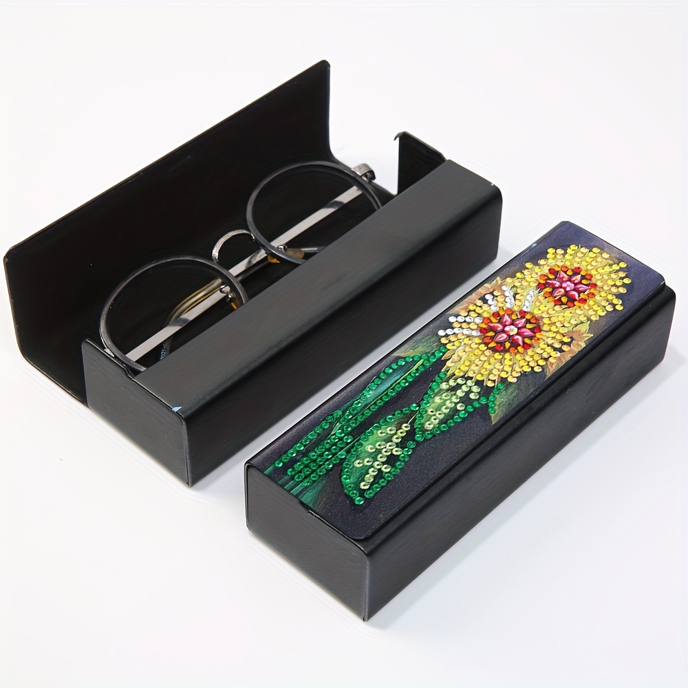 

Diy 5d Diamond Painting Glasses Case - Handcrafted Round Crystal Floral Design, Pu Leather Eyewear Storage Box
