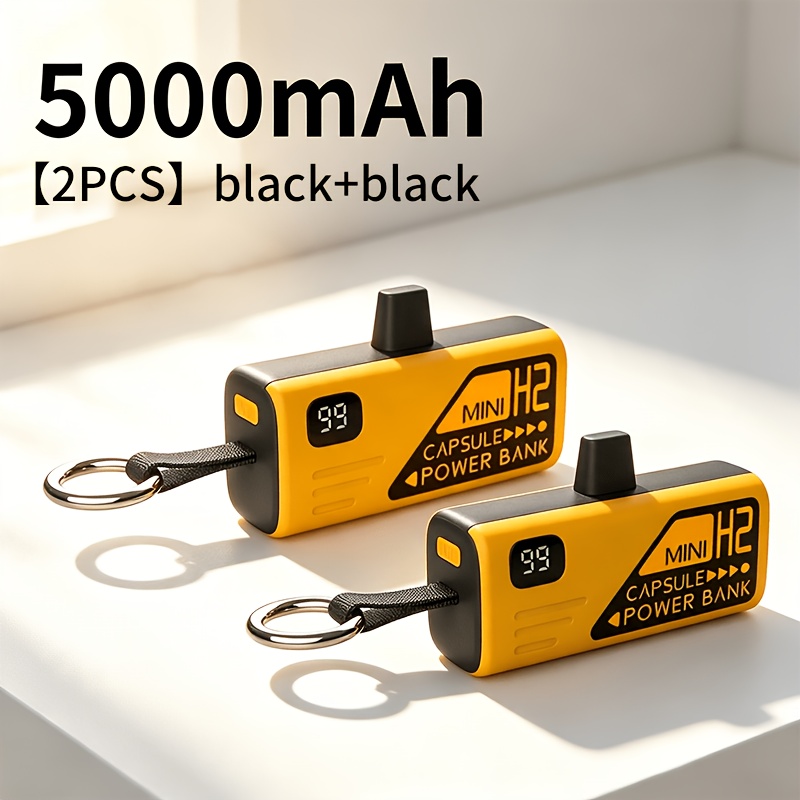 TEMU 2 Pack Portable Mini External Battery 5000mah, Pocket Insert Bank, Keychain Design, Led Display, Emergency Charger For Type-c Electronic Devices