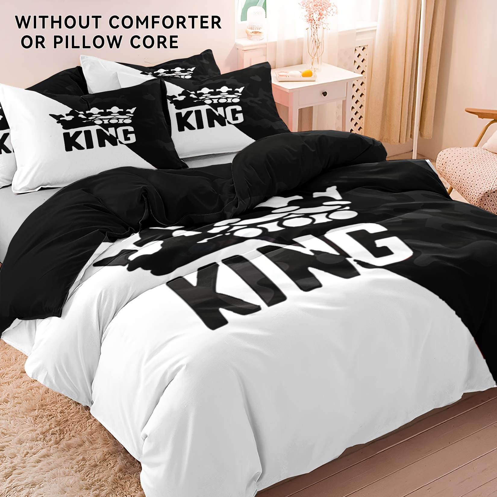 TEMU 3 pièces Housse de Couette en Polyester Imprimé Roi & Couronne, 1 Housse de Couette + 2 Taies d'Oreiller, Garnissage, Adaptée pour Chambre et