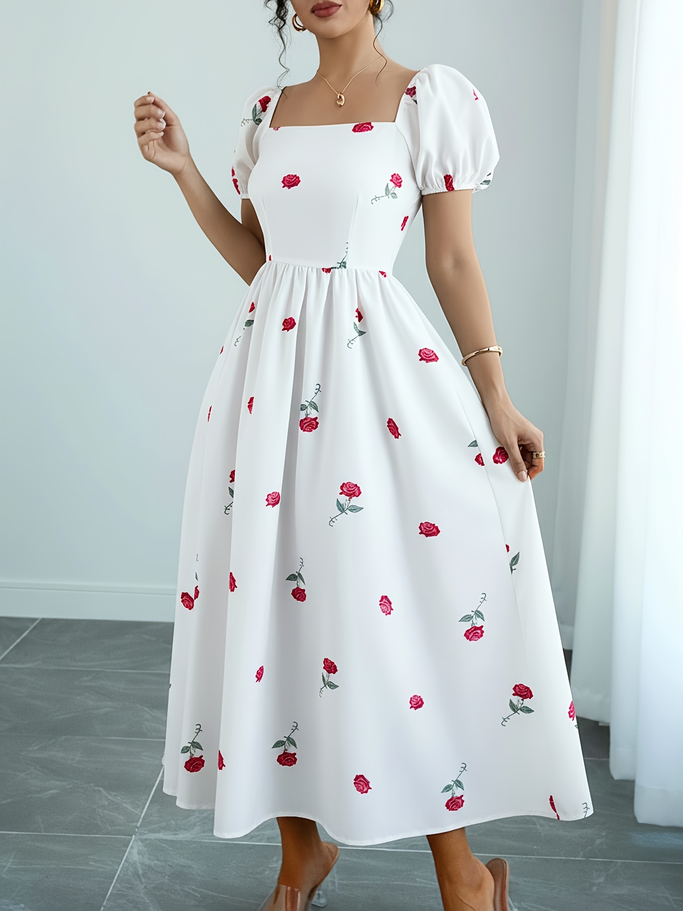 elegant womens red rose neckline puff sleeve - Temu