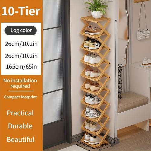 1pc freestanding small home shoe rack foldable design simple and practical modern minimalist style multi layer shoe storage rack space saving large capacity narrow shoe rack sturdy and durable bamboo material suitable for living room