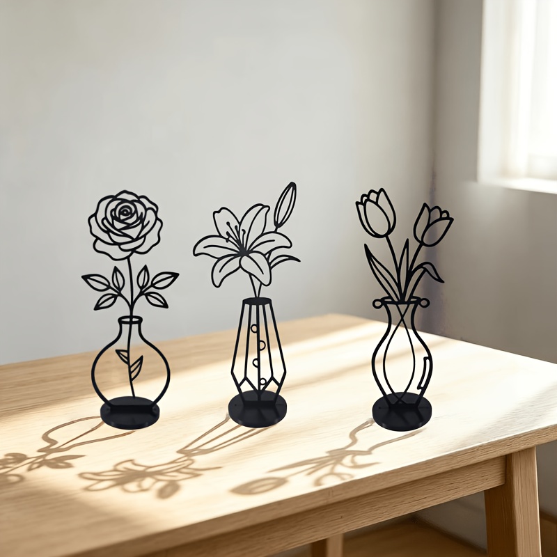 TEMU 2d Flat, 3pcs Creative Unique Shaped Hollow Floral Plastic Ornament Set Rose/lily/ Sculpture, Living Room Home Desktop Art Decoration