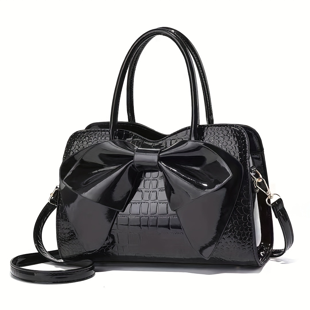 

Black Crocodile Pattern Tote Bag With Large Capacity, Bow Accent & Adjustable Shoulder Strap – Stylish Handbag For Women, Perfect Gift For Valentine’s Day