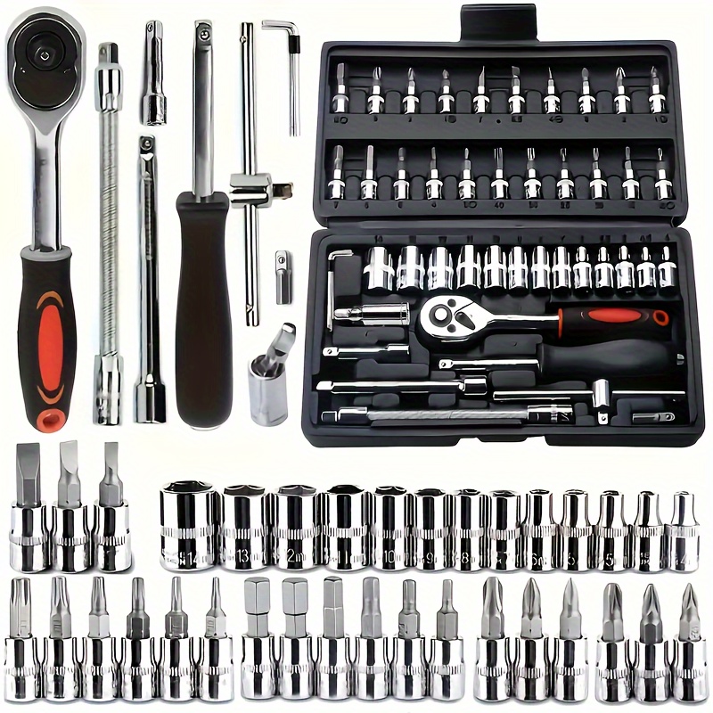 

46pcs Chromium- Steel Socket Wrench Set - Ratchet Torque Kit For Car, Bike & Motorcycle Repair - Easy No Required