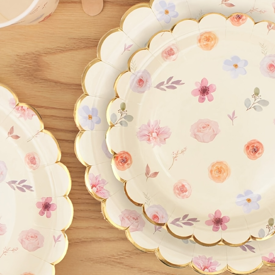 8 24 40pcs gilded floral party plates 7 9 inch dual sizes gilded wavy lace design thickened oil proof food grade material suitable for mothers day girlfriend gathering graduation season wedding party womens singles party