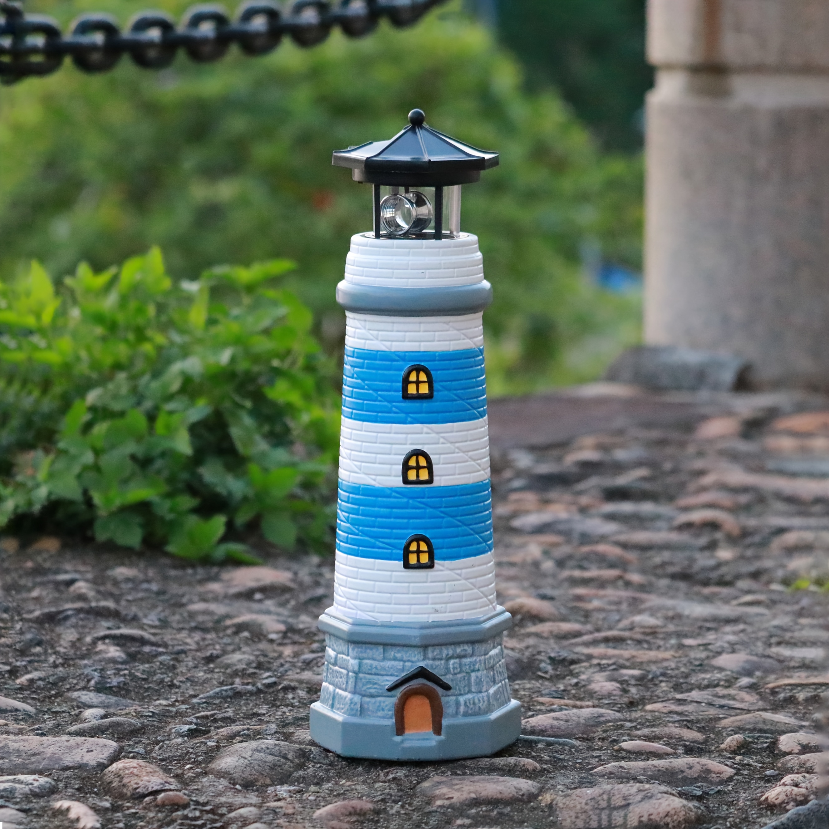 TEMU Solar Lighthouse Creative Red And Blue Color Scheme Outdoor Landscape Courtyard Light, Led Rotating Solar Signal Tower, Suitable For Lawn,